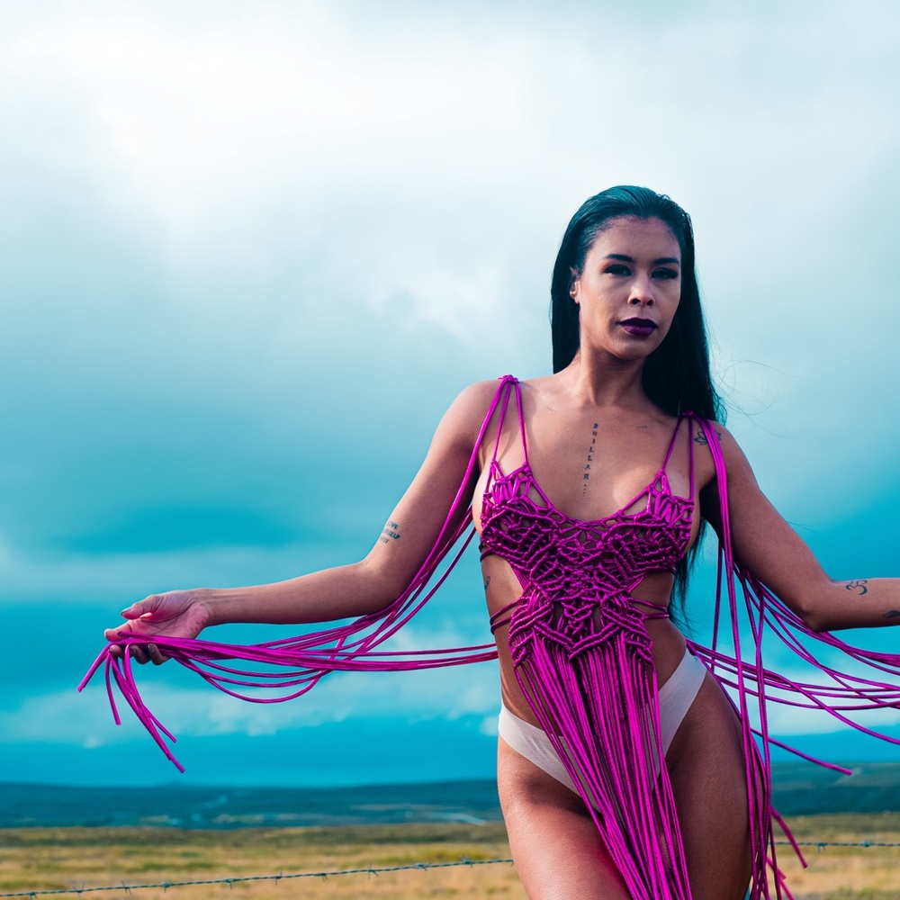 Original GoodVibeGoda Handmade Macramé Rope Vibrant Pink Fringe Dress
